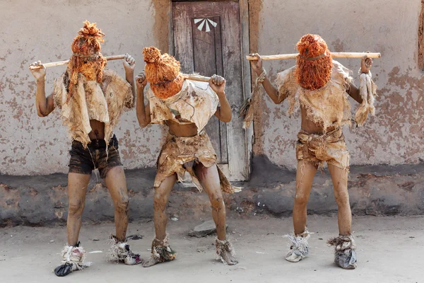 Traditional Nyau Dancers Face Masks Gule Wamkulu Ceremony Small Village — Stock Photo, Image