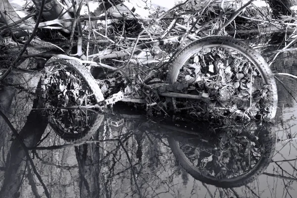 Opuszczony zardzewiały rower w małej rzece — Zdjęcie stockowe