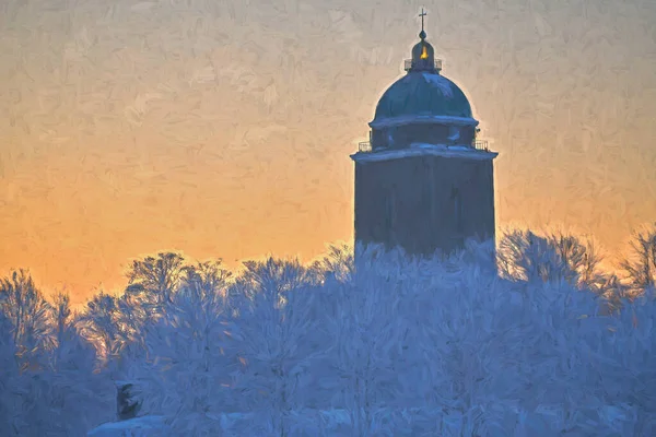 Farol Igreja Suomenlinna Atrás Árvores Geladas Uma Manhã Inverno Extremamente — Fotografia de Stock