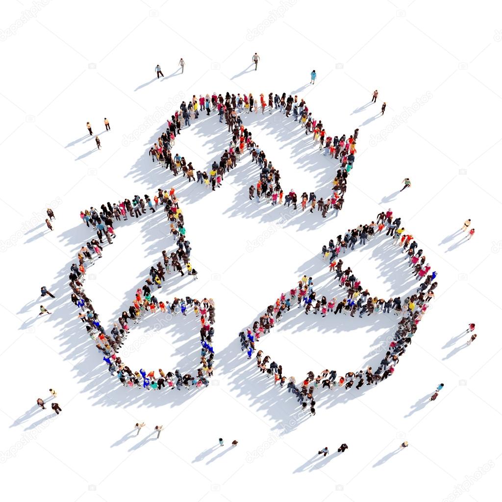 Large and creative group of people gathered together in the shape of recycling , processing. 3D illustration, isolated against a white background. 3D-rendering.