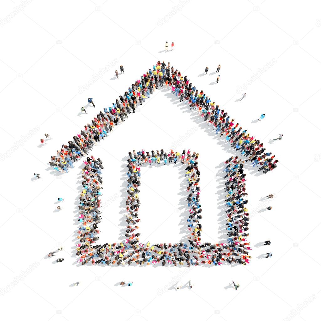 A large group of people in the shape of a house. Isolated, on a white background