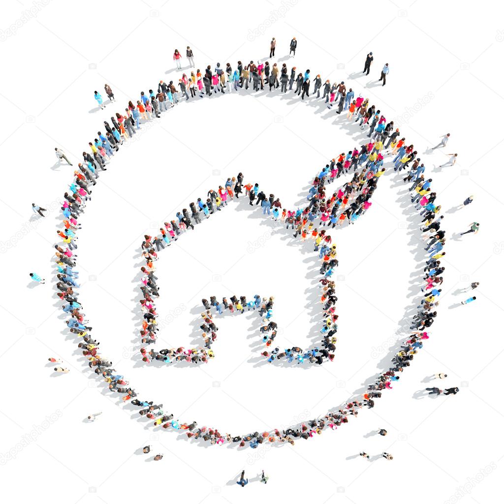 A large group of people in the shape of a house.