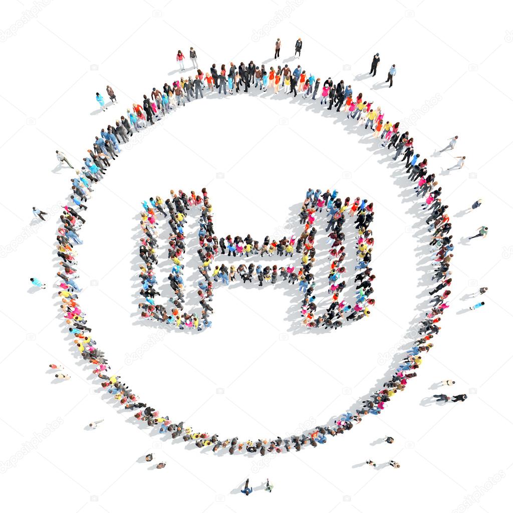 A large group of people in the shape of a dumbbell.