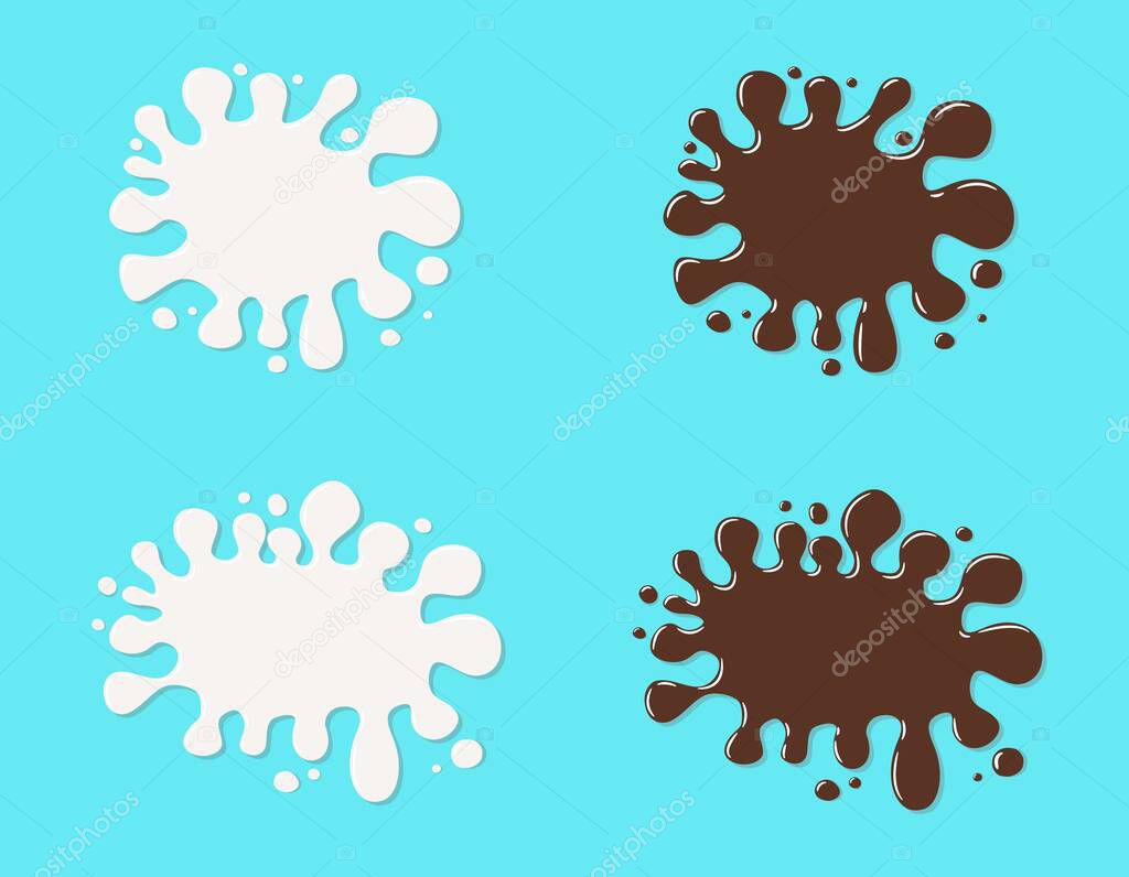 Milk and Chocolate splash on blue background. Set of yogurt and cocoa splashing vector illustration.