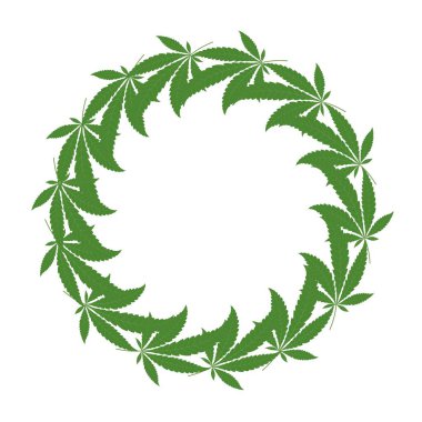 Beyaz arka planda marihuana yaprağı olan boş daire resim çerçevesi. Esrar vektör illüstrasyonunu terk eder.