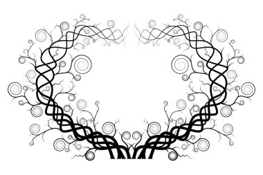 Sarmaşık silueti beyaz arka planda izole edilmiş. Ivy kemer vektör çizimi. Kuru dal ağacı. Karanlık, korkunç kalp şekli.