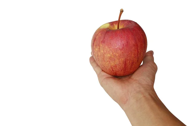 Rött Äpple Med Vattendroppar Handen Ung Man Isolerad Vit Bakgrund — Stockfoto