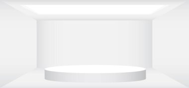 Beyaz yuvarlak sahne vektör illüstrasyonlu boş beyaz oda. Arkaplan için soyut 3d iç şablon.