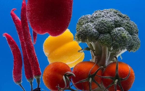 Verduras Tomate Brócoli Pimienta Aislado Azul — Foto de Stock