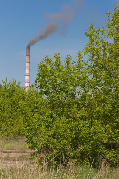 Fábrica con pilas de humo industrial en la naturaleza — Foto de Stock