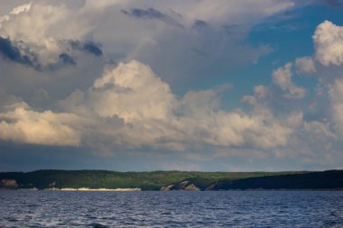 yaz gününde yeşil ağaçlar ile nehir kıyısında. Bulutlarla mavi gökyüzü