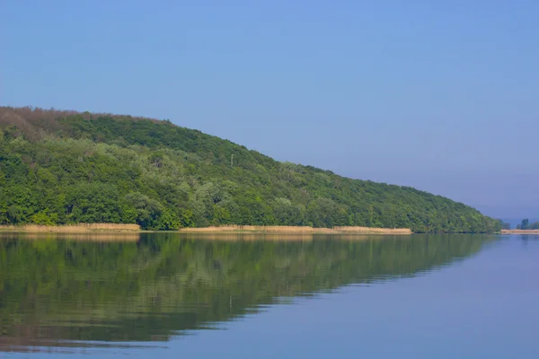 Bank River Green Trees Summer Day Blue Sky Clouds — Stock Photo, Image