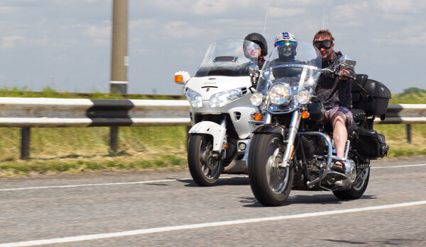 CHERKASSY, UKRAINE- JUNE 4, 2016: Biker riding on a motorcycle. Meeting of bikers motofestival Tarasova mountain in Cherkassy.