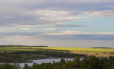 Çim Tarlası Ve Mavi Gökyüzü'nde göl sabah güneşinde