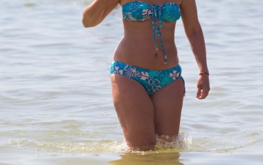 Güneşli tropik sahilde bikinili güzel kızlar