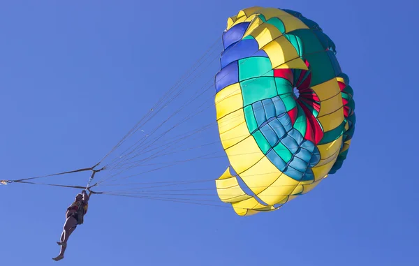 Parachutisme dans un ciel bleu près de la plage de la mer . — Photo