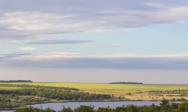 Поле Трави Озера Синьому Небі Ранок Сонця — стокове фото