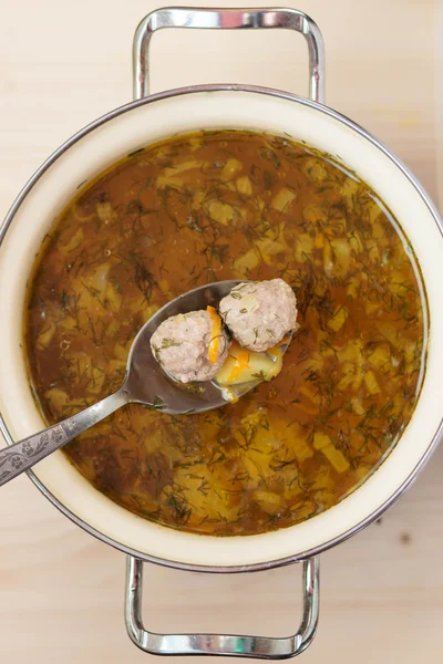 Sopa Com Almôndegas Clouseup — Fotografia de Stock