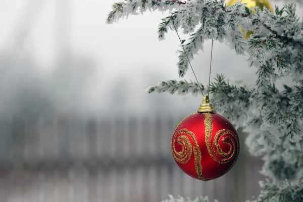 Nastro rosso sull'albero di Natale con neve — Foto Stock