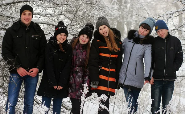 Skupina šťastných lidí, zábava na sněhu den — Stock fotografie