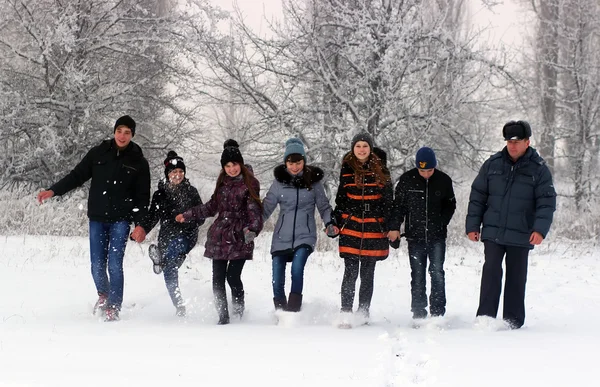 Grono szczęśliwych ludzi, zabawy na śniegu dzień — Zdjęcie stockowe