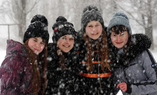 Friends in winter park in snowy weather — Stock Photo, Image