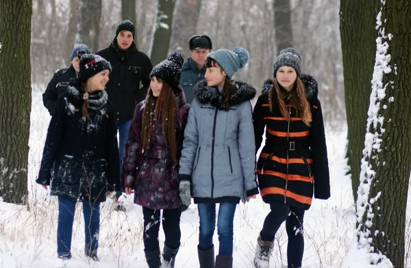 Nastoletnie dziewczyny chodzić po pokrytych śniegiem lasach. zimowe — Zdjęcie stockowe