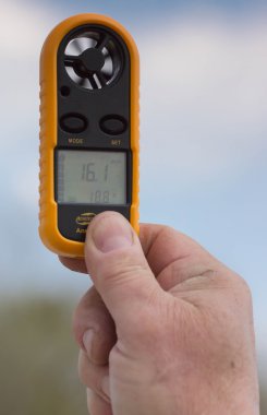 Anemometre adam, Rüzgar hızı 16,1 ms elinde. Clouse-up