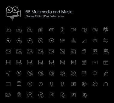 Multimedia and Music Pixel Perfect Icons (line style) Shadow Edition