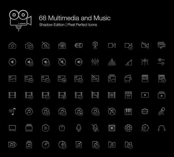 Multimedia and Music Pixel Perfect Icons (line style) Shadow Edition — Stockvector