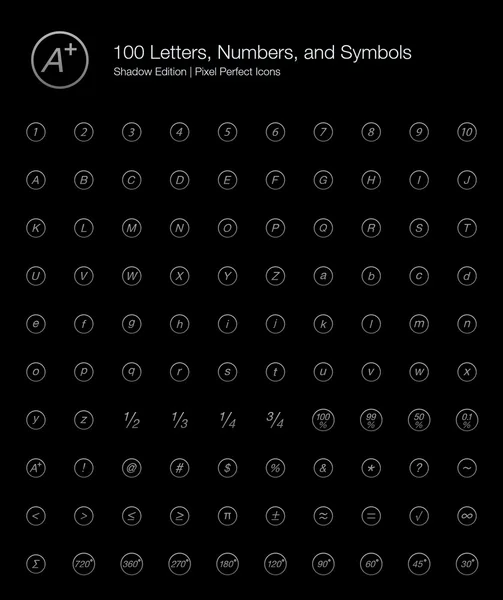 Letters Numbers Alphabet Pixel Perfect Icons (line style) Shadow Edition — Wektor stockowy