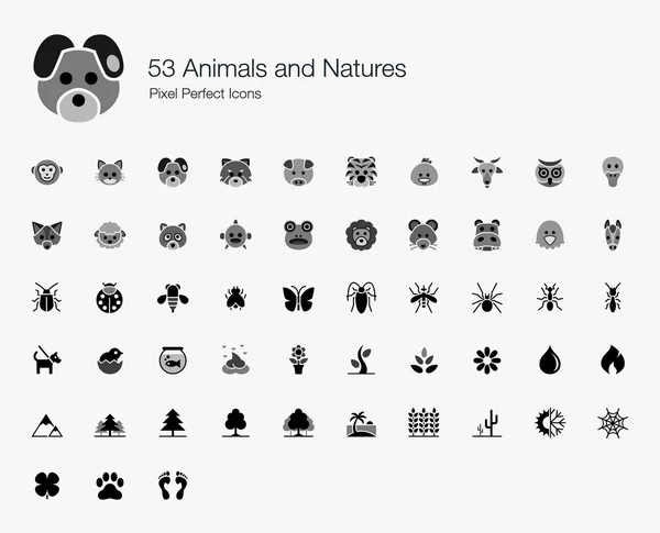 53 Animali e matura Pixel icone perfette — Vettoriale Stock