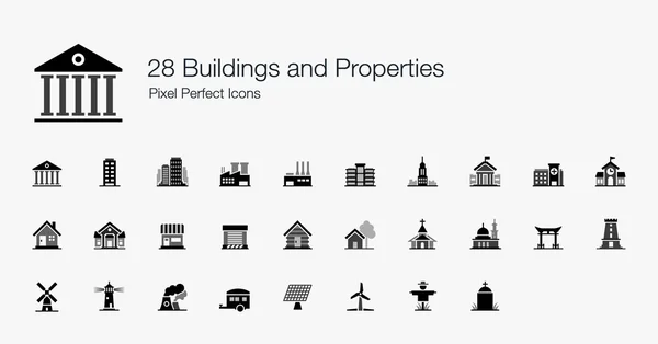 28 Buildings and Properties Pixel Perfect Icons — Stock Vector