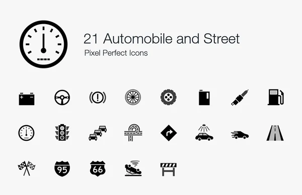 21 auto en straat pixel perfect pictogrammen — Stockvector