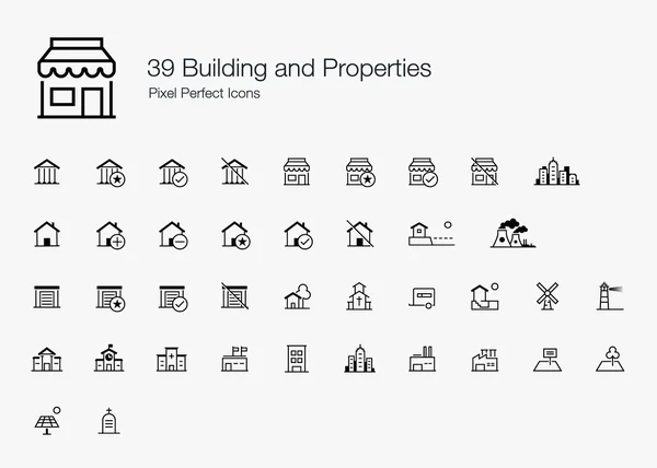 39 stavba a vlastnosti pixel perfect ikony (styl čáry) — Stockový vektor