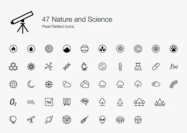 47 Natur und Wissenschaft Pixel perfekte Symbole (Linienstil) — Stockvektor