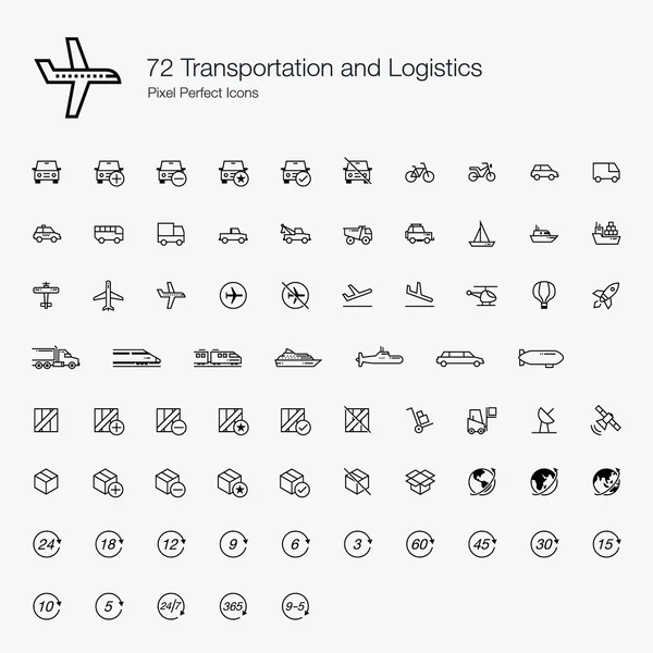 72 transporten en logistiek pixel perfect pictogrammen (lijnstijl) — Stockvector