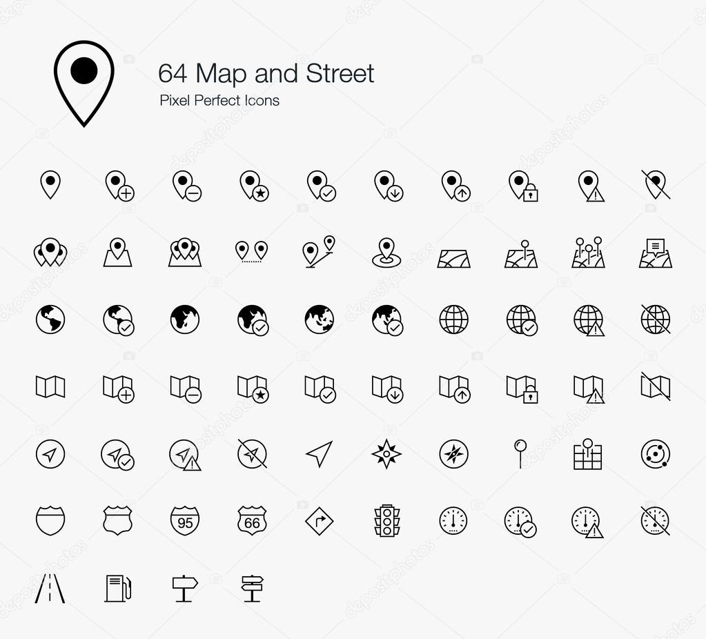 64 Map and Street Pixel Perfect Icons (line style)