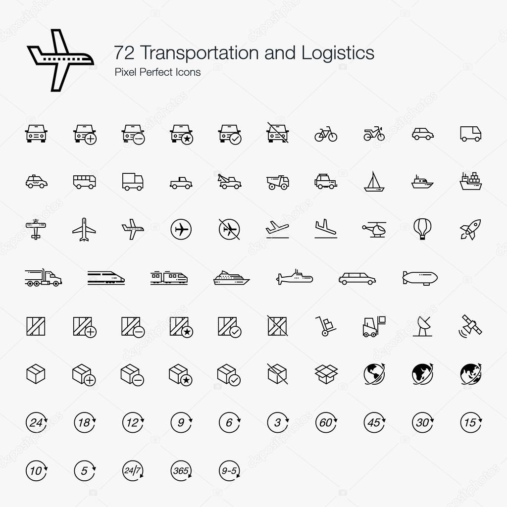 72 Transportations and Logistics Pixel Perfect Icons (line style)