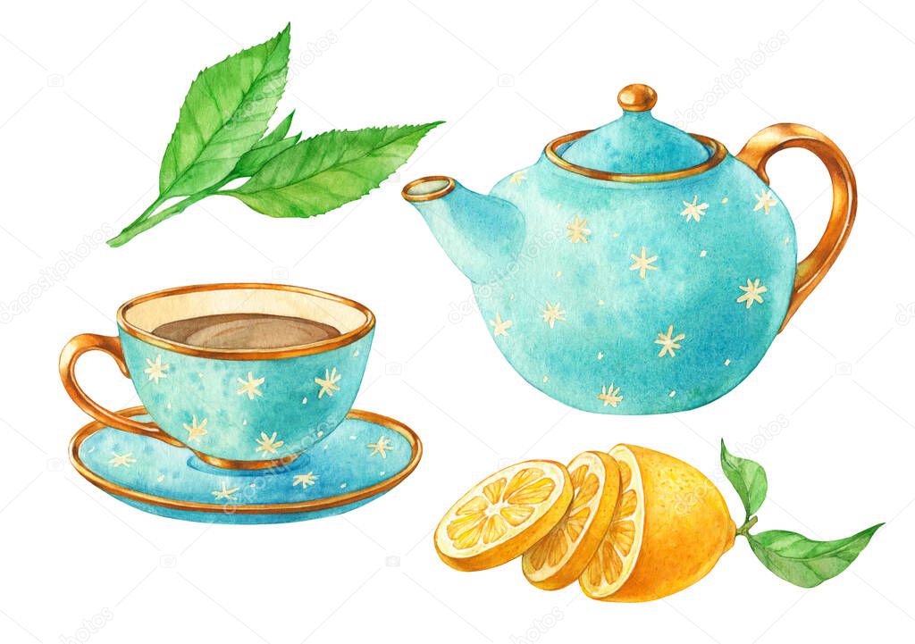 A tea set.  Teapot, cup, lemon, tea leaf.  Watercolor illustration on a white background.