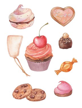 Pasta seti. Şekerler. Beyaz üzerine suluboya çizimi 