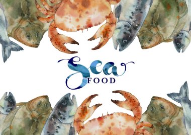 Deniz ürünleri koleksiyonu. Menü tasarımı için suluboya çizimi. Pankart, kartpostal.