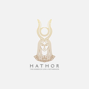Çizgi stili logo tasarımı şablonu olan Hathor Mısır tanrıçası. Zarif, lüks, kadın, altın, monolin, düz modern vektör illüstrasyonu