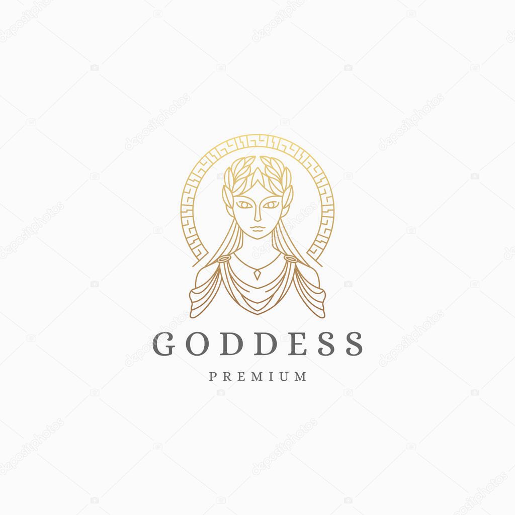 Luxurious greek goddess woman with line style logo icon design template. Demeter, Persephone, hera aphrodite, hestia, flat modern vector illustration