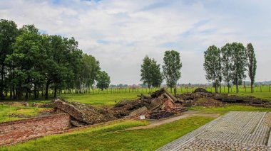 Auschwitz, Polonya - 30 Temmuz 2018: Polonya 'daki Auschwitz Birkenau toplama kampındaki gaz odalarının kalıntıları