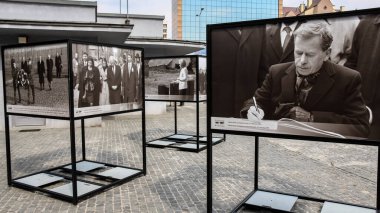 Krakow, Poland - July 29th 2018: Photos of the holocaust outside Schindler's Factory in Krakow, Poland clipart