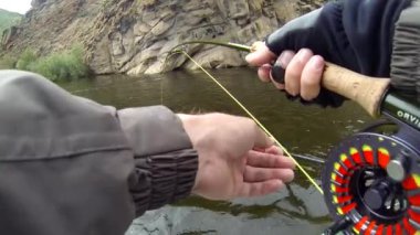 Kuyruğunun ucunda büyük bir Taimen alabalığı olan bir balıkçı, balık kaçarken makarası etrafında dönüyor, Delger Moron, Moğolistan 'da bir teknede balık avlıyor.,