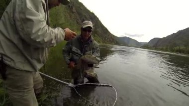 Moğolistan 'daki Delger Moron Nehri' nde balık avlarken yakalanan nadir bulunan bir Taimen alabalığının başındaki lekeleri fotoğraflayan balık bilimciler, gelecekte bunu belgelemek ve izlemek için yakalandılar..