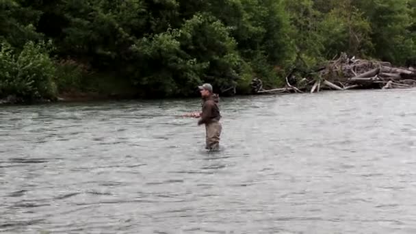 Man Fly Fishing Salmon Steelhead Kitimat River Canada — Vídeo de Stock