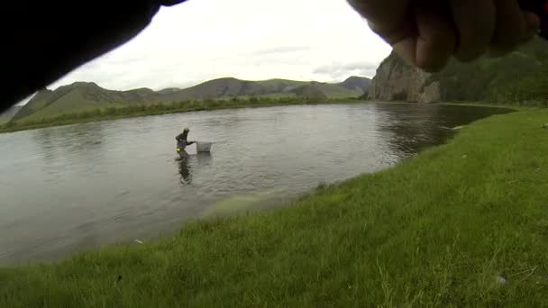 Guia Pesca Com Mosca Uma Truta Taimen Rio Mongólia Dia — Vídeo de Stock